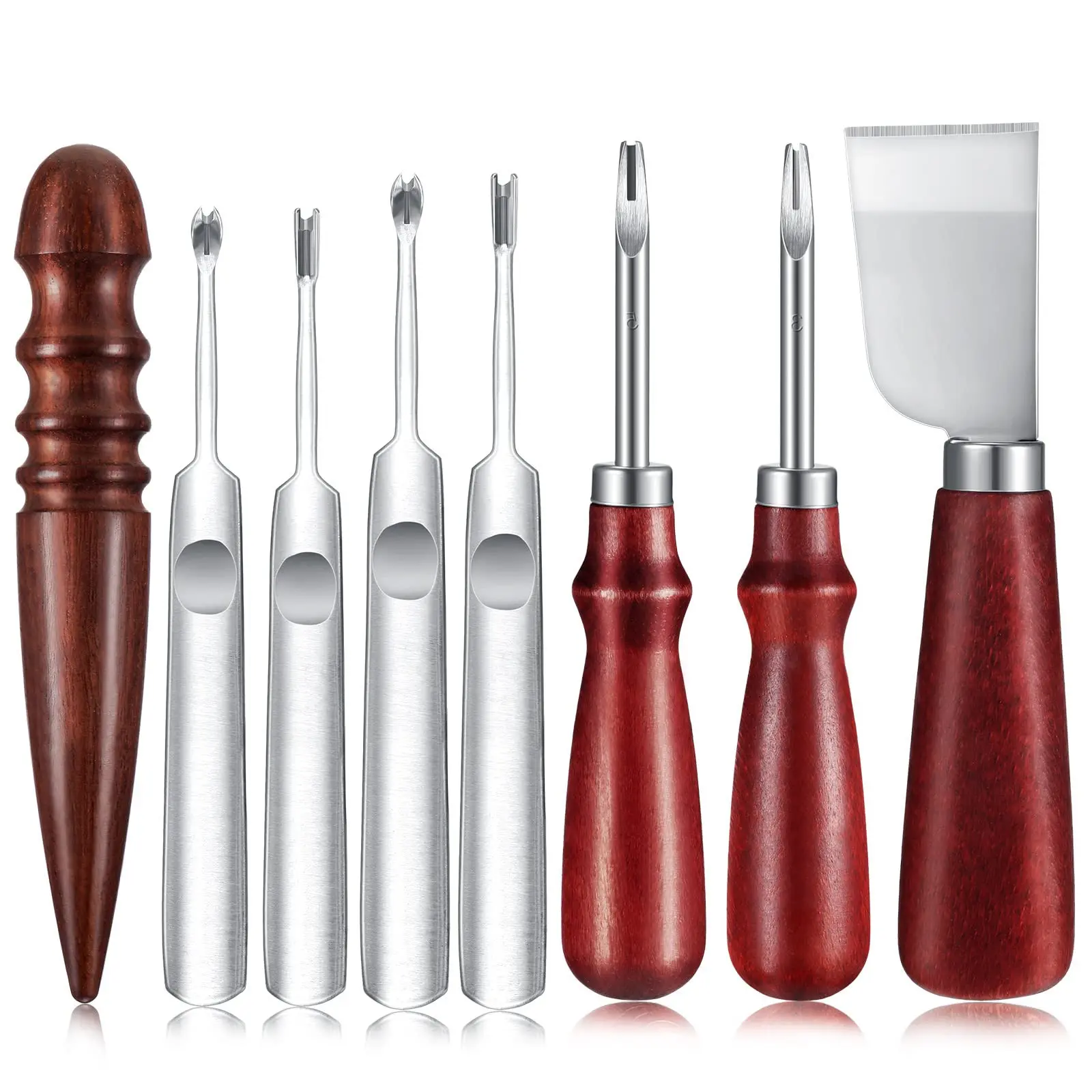 8 PCS Leather Knife Set, Professional Leathercraft Edge Beveler Groover Kit, Skiving Knife & Wood Edge Slicker Burnisher, Manual DIY Crafting Leather Working Accessories