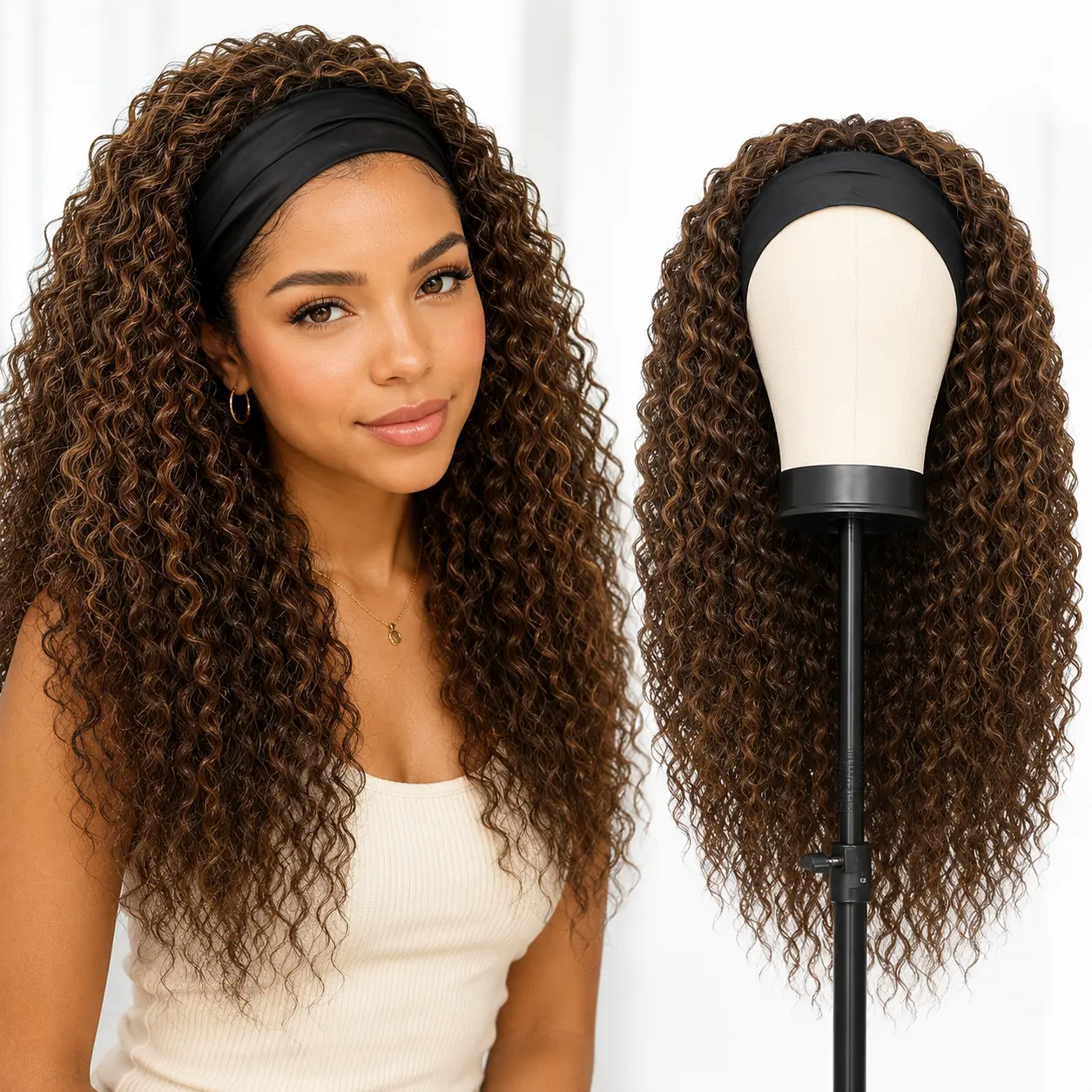 26 Inch Brown Highlight Headband Wig for Women, Long Curly Synthetic Wig, Glueless Natural-Looking Wig with Breathable Cap, 3 Combs and Snag-Free Velcro ,synthetic heat