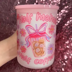 Half Mama Half Coffee 17oz Frosted Glass Mug With Pink Lid and Reusable Straw