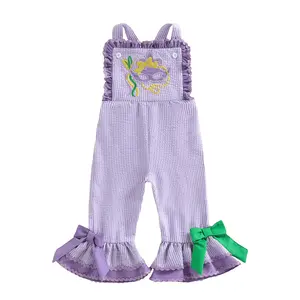Toddler Baby Girls Mardi Gras Bow Overalls Striped Suspender Romper Pants Ruffles Trim Sleeveless Bell Bottoms Jumpsuit Spring Outfit