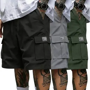 3-piece cargo shorts set with multiple pockets, casual shorts with contrasting label accents, drawstring elastic waist breathable summer streetwear shorts, men’s shorts set