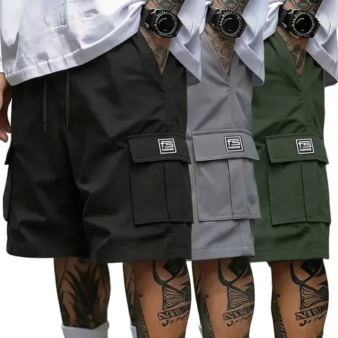 Men's 3-Piece Cargo Shorts Set - Multi-Pockets, Contrasting Label Accents, Drawstring Elastic Waist, Breathable Summer Streetwear, S Size Men's Shorts