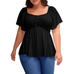 Eytino Women Plus Size Sweetheart Neck Short Sleeve Shirred Peplum Blouse Tops Shirts(1X-5X)