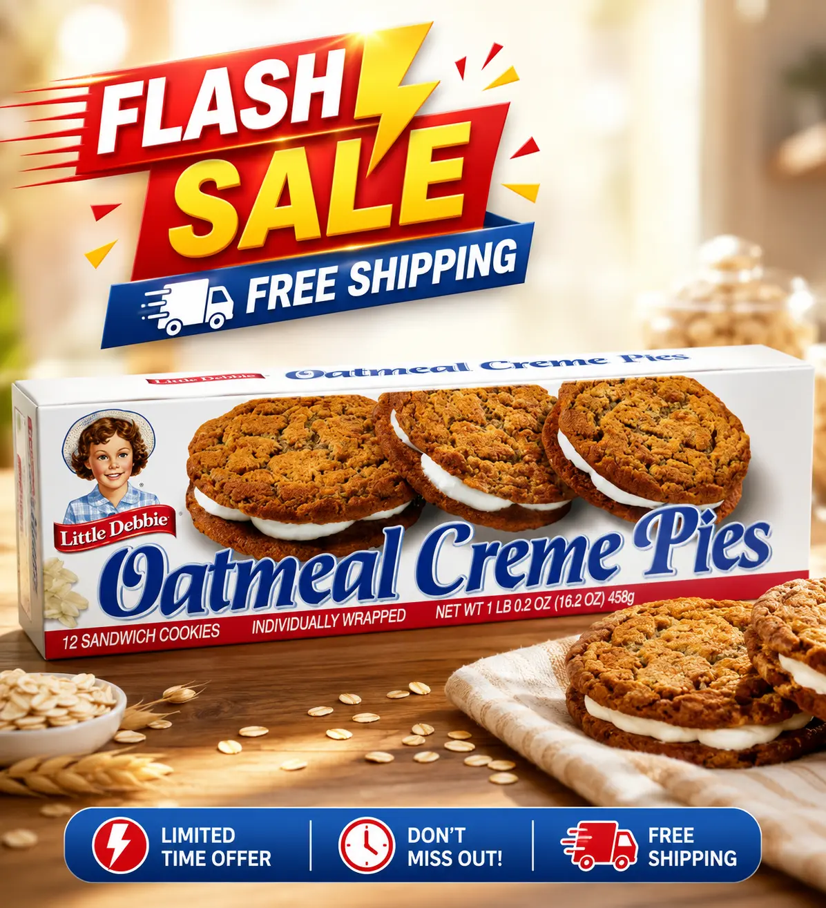 Little Debbie Oatmeal Crème Pies Sandwich Cookies, Soft Baked Oatmeal Cookies with Sweet Crème Filling, 12 Individually Wrapped Snack Cakes, Family Size 16.2 OZ Box, Perfect for Lunch Boxes, School Snacks, Office Treats, Dessert