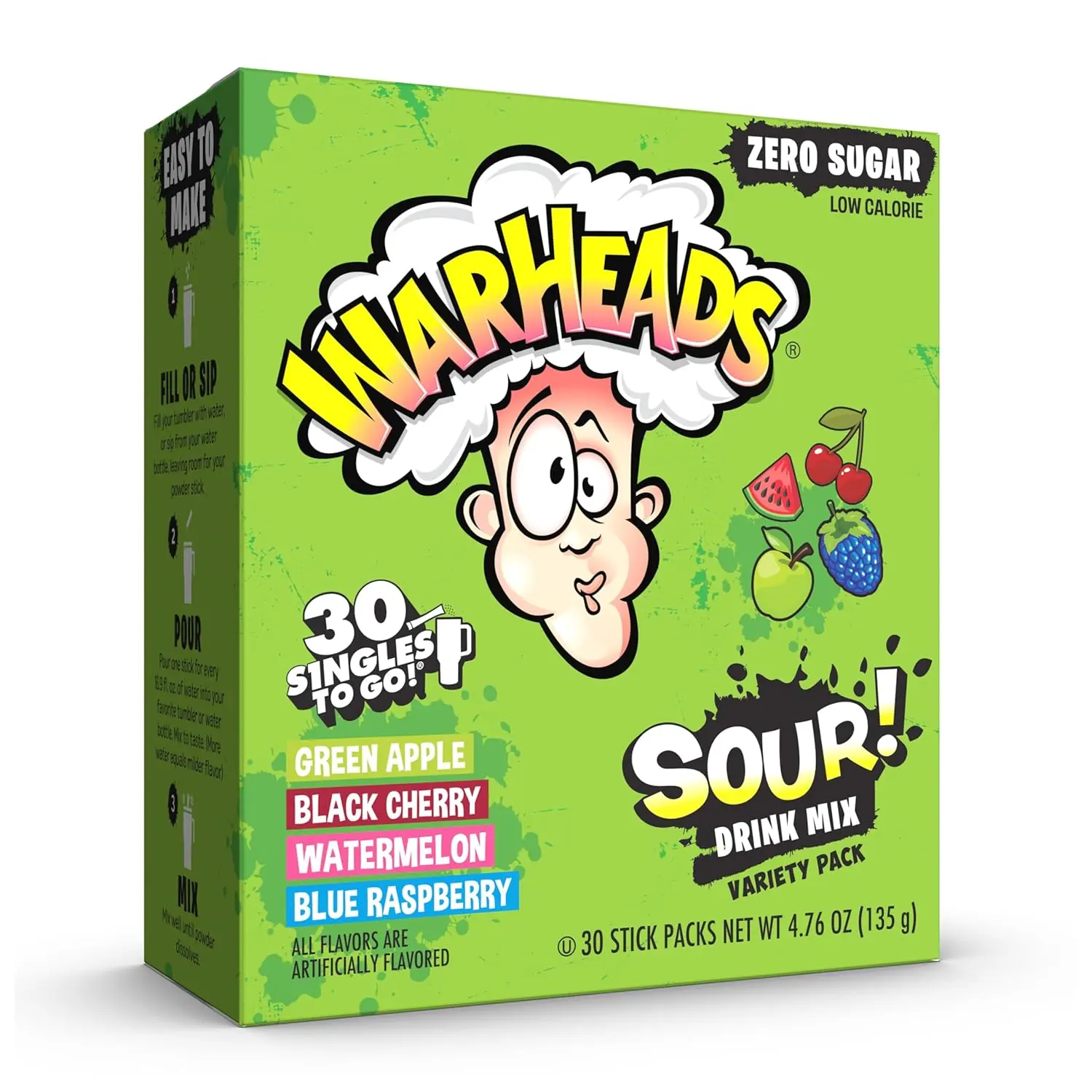 Warheads Singles To Go! Sour Drink Mix Variety Pack, Sugar Free Powdered Beverage Mix, 30 Single-Serve Packets, Bold Fruity Sour Flavor for Water On the Go