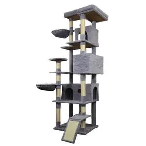 84.6 in Dark Gray Natural Sisal Cat Tree Tower - Wide Base, 3 Large Hiding Condos, 11 Scratching Posts, Sisal Ladder, 2 Hammocks, Large Top Platform, Multiple Landing Perches, Interactive Toy, Cozy Resting Spots, Encourages Natural Scratching