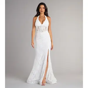 Cadie Halter Corset Slit Lace Formal Dress