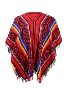 Peruvian Traditional Wool Blend Poncho - Red/Black/Rainbow
