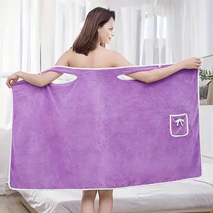 Ultra-Soft Coral Fleece Wearable Bath Towel with Pockets - Quick Dry, Absorbent Spa Robe for Women, Bowknot Detail, Perfect for Sauna & Shower, 31.5x51"/31.5x57 Light Purple