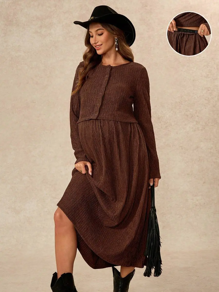 Maternity Crew Neck Long Sleeve Top And Long Skirt 2 Pieces Set Photoshoot Winter Casual