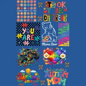 Autism Awareness DTF Gang Sheet Ready to Press | Autism Mom, Mama Bear, It’s OK To Be Different Designs