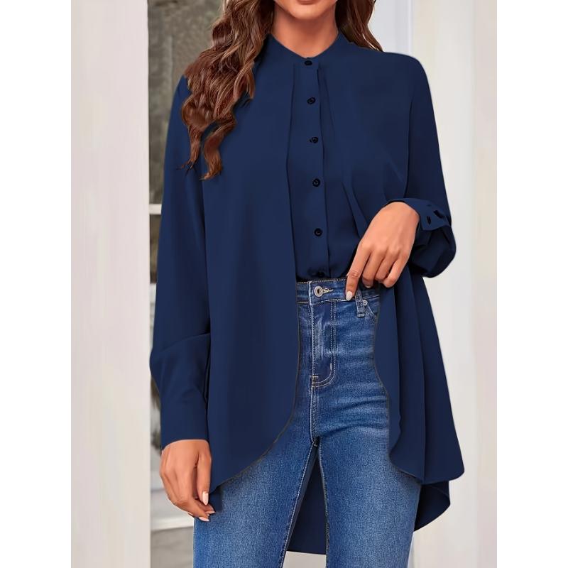 Women's Plus Size Olive Green Chiffon Blouse-Long Sleeve Button-Up Shirt with Stand Collar, Semi-Sheer Casual Top for Spring Summer Fall,Lightweight Breathable Office&Casual Attire, Sophisticated Casual Look, Elegant Texture,Spring Fa Polyester Womenswear