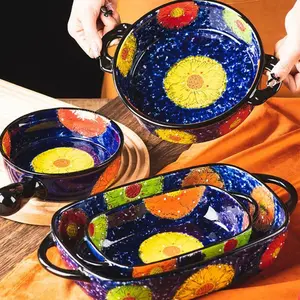 Creative Hand Painted Ceramic Baking Plate, 2 Counts/set Colorful Flower Pattern Baking Bowl/Plate/Pan with Handle, Kitchen Baking Supplies
