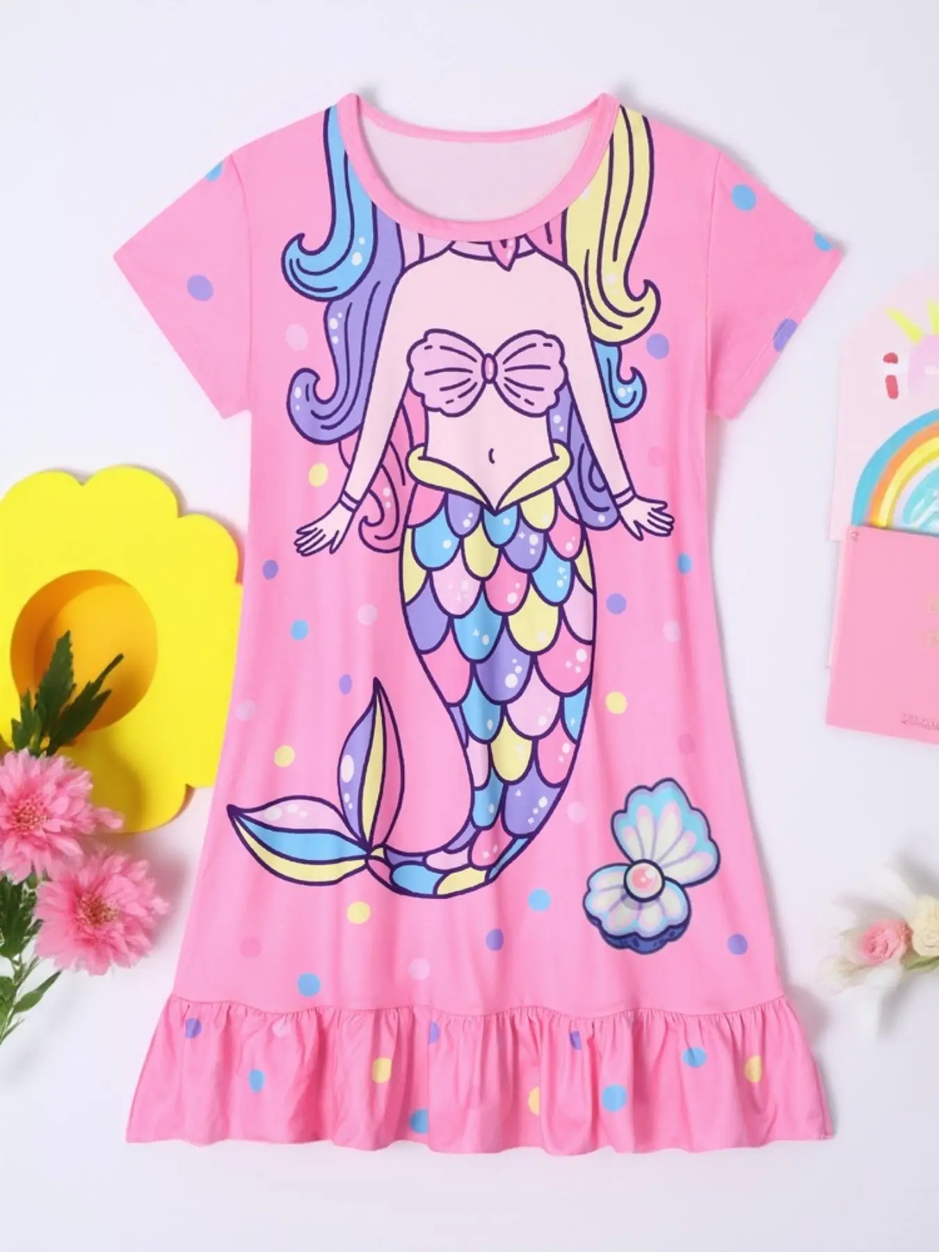 Girl's Cartoon Mermaid & Colorful Polka Dot Print Ruffle Hem Nightdress, Cute Casual Soft Comfortable Short Sleeve Round Neck Nightgown for Kids, Kids