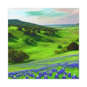 Patsy Pioneer- Canvas Decor Poster for Home Decoration, Beautiful Artistic Print of Texas Hill Country Springtime with Bluebonnets and Green Hills