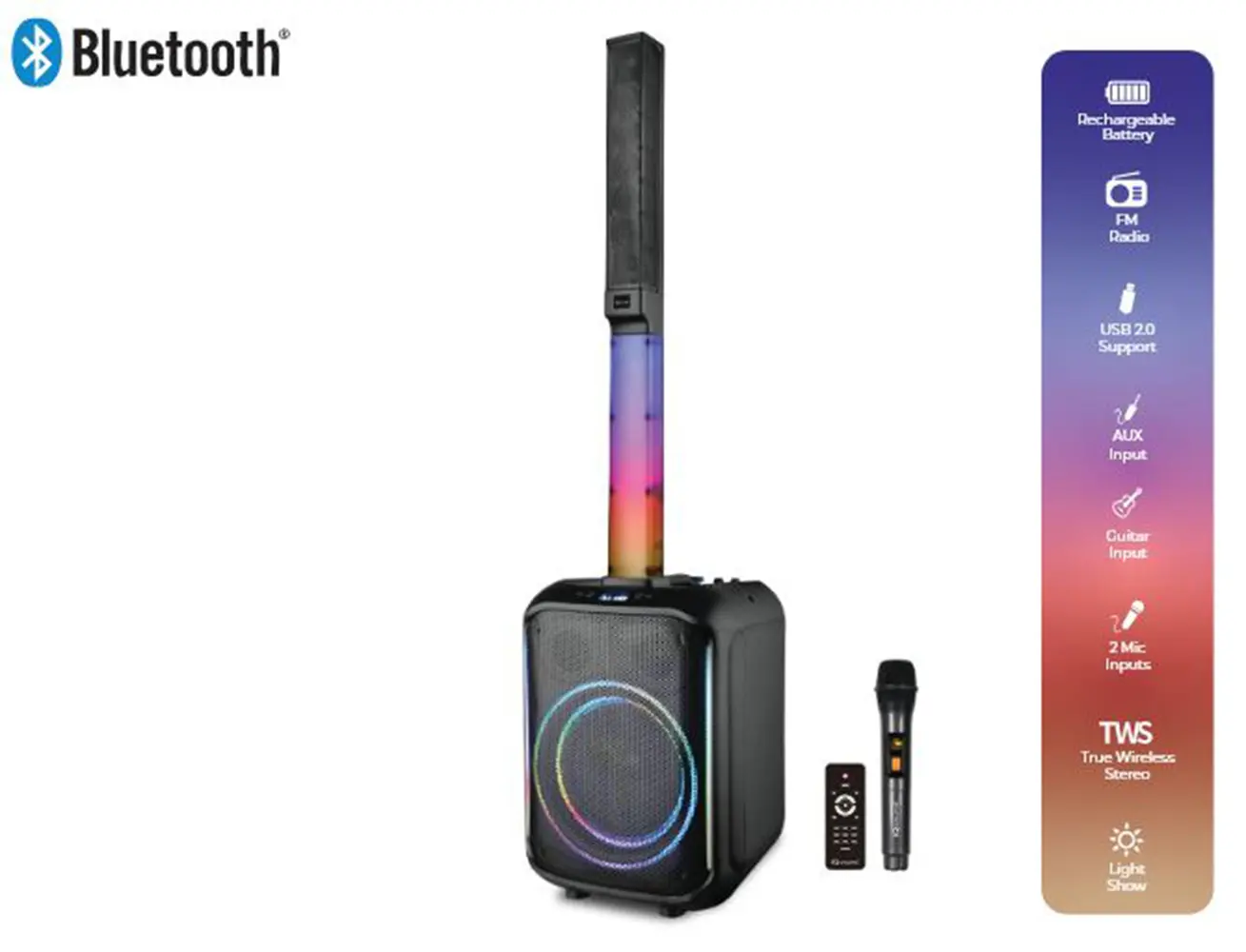 IQ Sound IQ-8510BT Portable 10-Inch PA Speaker System with Column Array 160W RMS Bluetooth LED Lights TWS FM USB AUX Mic/Guitar Inputs 7200mAh Battery