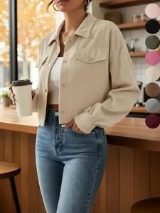 women's collared plain button front drop shoulder crop jacket, regular fit soft casual pocket long sleeve corduroy jacket for fall & winter, comfy womenswear, jackets for women, fall clothing women, vintage clothing, coat, fitted longsleeves outerwear