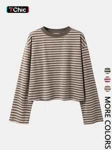 Women's Minimalist Striped Casual Long Sleeve Sweatshirt Top Knitwear, Womenswear, Loose-Fit Kint Fabric Knit, All Seasons Wear, Moderate Thickness, Lady