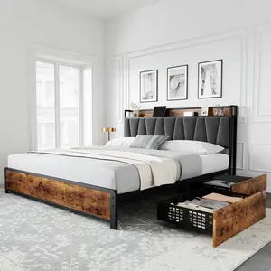 Gaomon Vintage Brown Linen Fabric King Size Platform Bed Frame with Headboard, 4 Storage Drawers, Charging Station, Wooden Slats Support, No Box Spring Needed, Easy Setup (Full Sizes Available) - Christmas Gift Option