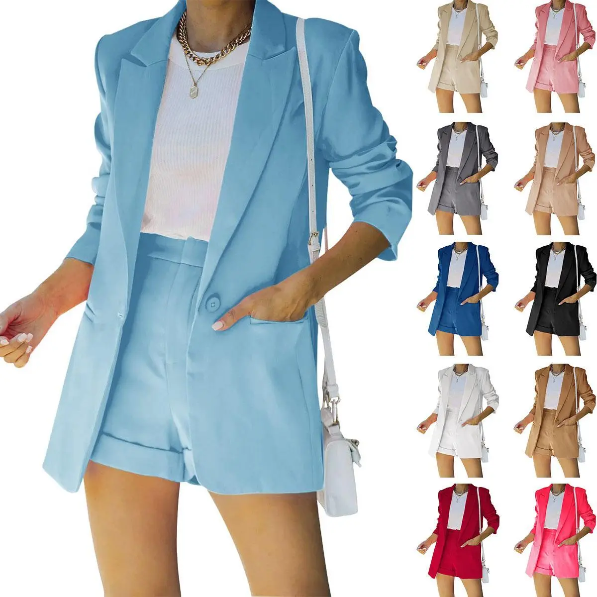Imily Bela Women's 2 Piece Open Front Long Sleeve Blazer and Solid Short Pants Suit Sets