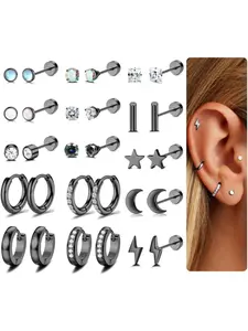 15 Pairs Black Surgical Steel Cartilage Earring Set for Women Men Slim Gauge with Comfortable Flat Back Design Unisex Assorted Styles Tiny Stud Earrings Mini CZ Hoops Huggie Earrings Perfect for Tragus Helix Multi-hole Ear Piercing Decoration