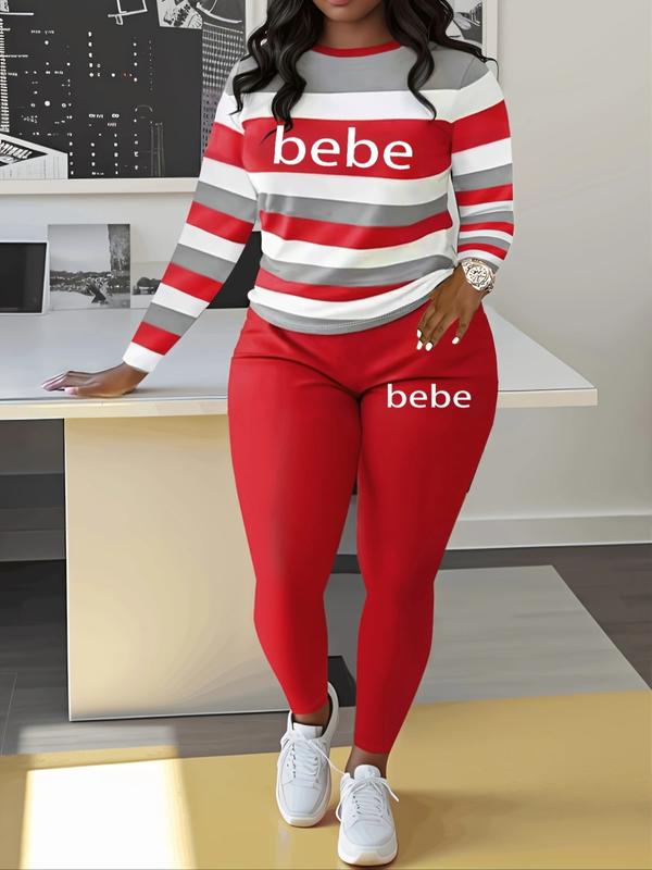 Women's Striped 'Bebe' Letter Print Round Neck Long Sleeve Top and Pants Set, Comfortable Casual Two-Piece Striped Lounge Set, Casual Fashion Set for Autumn and Winter