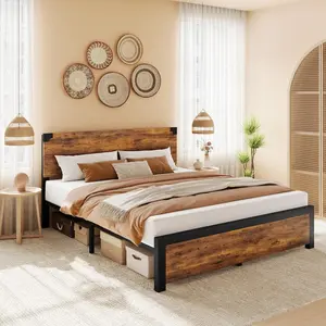 【Christmas Gift】Brown Full Size Bed Frame with Wood Headboard, Full Platform Bed Frame with Under Bed Storage and Metal Legs, Noise Free, No Box Spring Needed, Easy Assembly