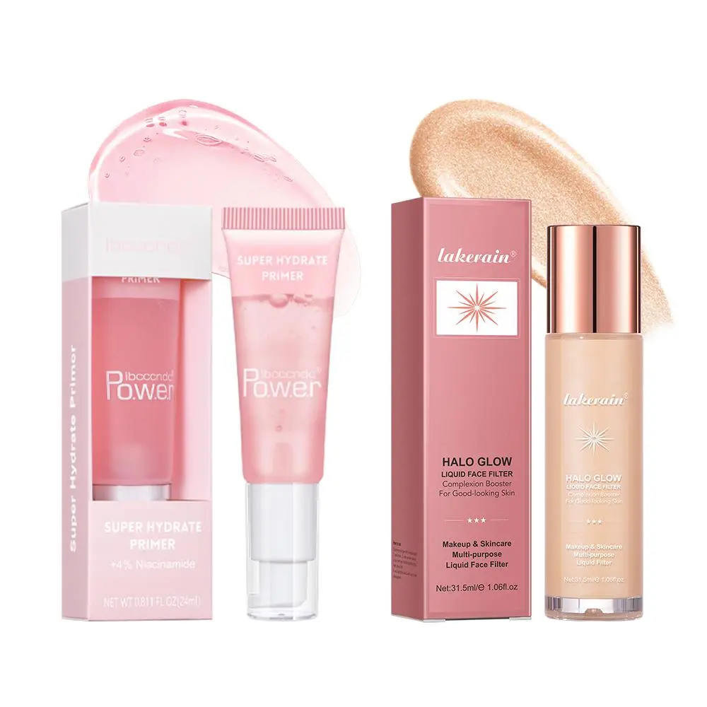 Makeup Primer & Prismatic Glow Highlighter Set (2 Counts/set), Long Lasting Soft Makeup Primer, Moisturizing Liquid Highlighter Stick, Soft Pinch Glow, Cosmetic Set for Girls and Women, Luminizer Set