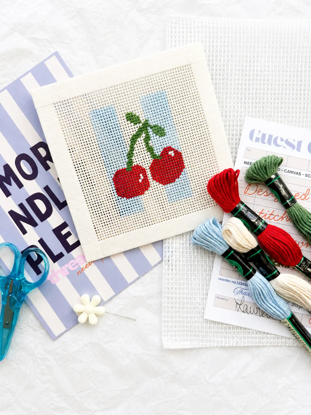 Cherry Beginner Needlepoint Kit – Striped Cherry, Hand-Painted 13 Mesh Canvas, Everything You Need