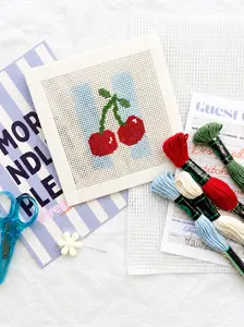 Cherry Beginner Needlepoint Kit – Striped Cherry, Hand-Painted 13 Mesh Canvas, Everything You Need