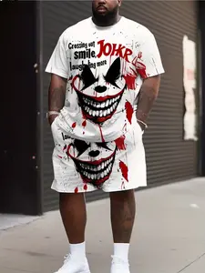 Men's Plus Size Set Ghost Face 3D Printed Short Sleeve Round Neck T-Shirt and Fashion Sportswear Beach Pants Two-Piece Suit Clothes Summer Clothes Set Menswear