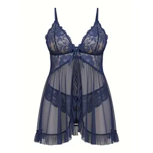 Women'S Elegant French Lace Sleepwear Set - V-Neck Sheer Mesh Slip Dress & Robe with Lace Trim, Soft Lightweight All-Season Nightgown