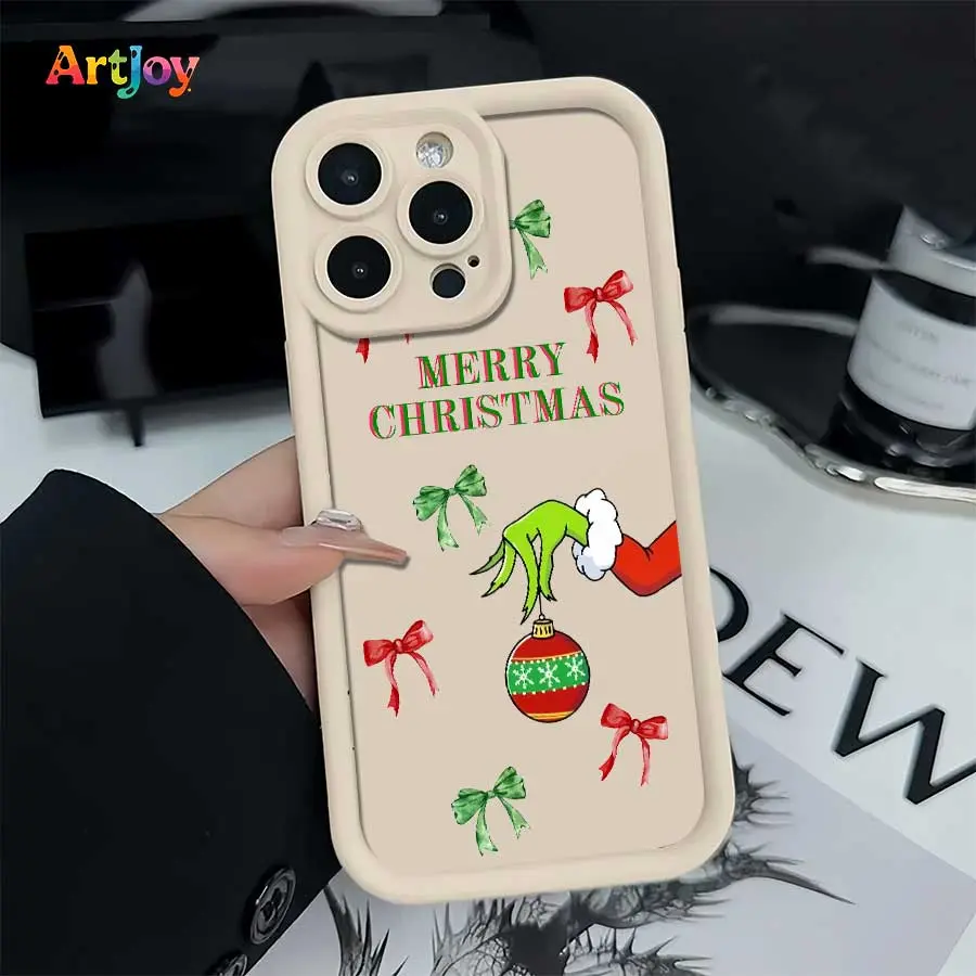 Shockproof Phone Case, Sweet Fresh Festive Trendy Eye-catching Protective Case With Grinch Hand, Bauble & Bow Minimal Christmas Illustration, for iPhone 17 Pro Max, 16, 16 Plus, 15, 14, 13, 12 – Ideal Birthday, Holiday Gift