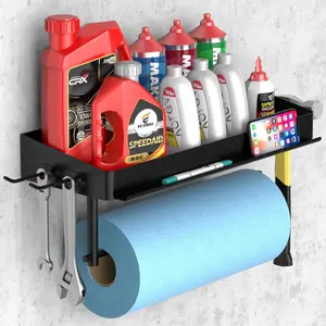 12 Inch Wall Mount Paper Towel Holder with Shelf, One Hand Tear, 2 Detachable Hooks for Garage Shop and Tool Room, Black