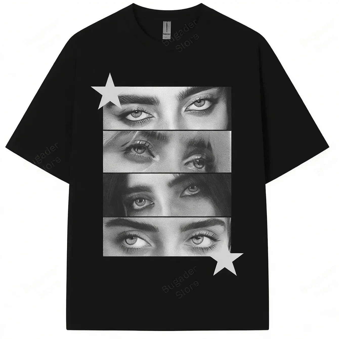 Billie Eyes Collage T-Shirt – Black And White Star Design Tee, Minimalist Grunge Fan Shirt