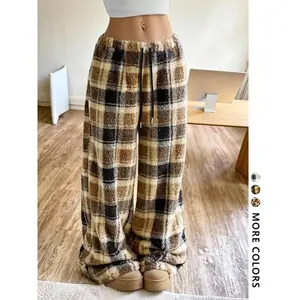 Women's Plaid Flannel Sweatpants Leopard Print, Warm Fleece Lined, Drawstring Waist, Casual Streetwear, Hip Hop Dance School Style