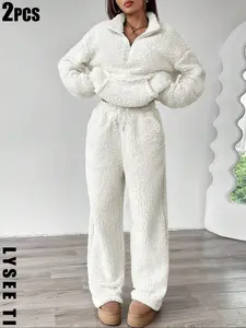 Autumn and Winter Women's Plush Set, Half Zipper Top+Pants, Soft and Skin friendly, Lazy and Fashionable, Easy to Handle and Relax