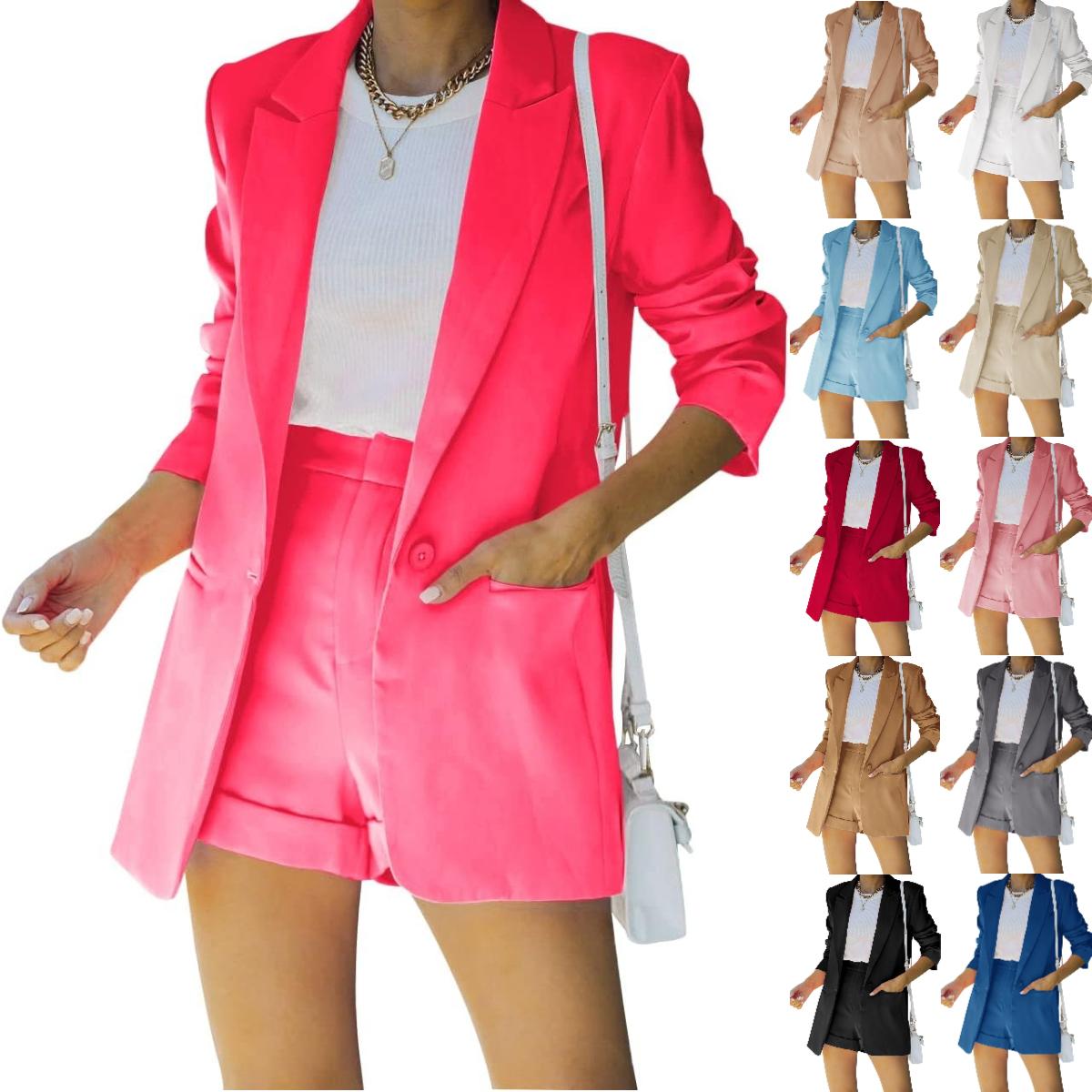 FMEYOA Women's 2 Piece Open Front Long Sleeve Blazer and Solid Short Pants Suit Sets