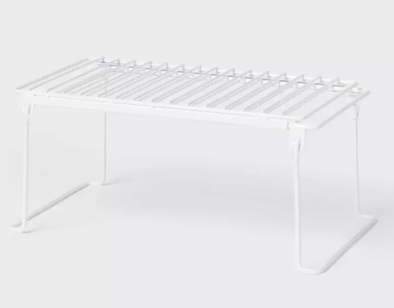 White Expandable Collapsible Wire Cabinet Shelf, Adjustable Stackable Counter Storage Organizer, Space Saving Layer Rack for Kitchen Pantry Closet Sink Storage