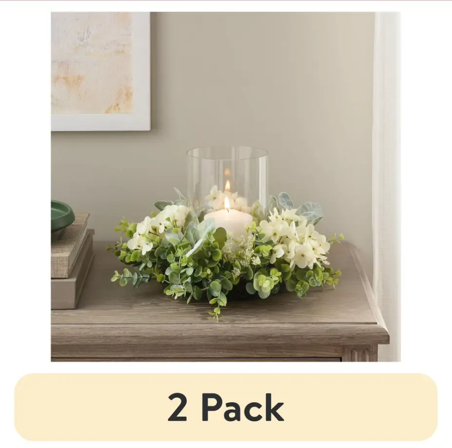 (2 pack) Decorative Hurricane Pillar Candleholder with Faux White Hydrangea, 8"