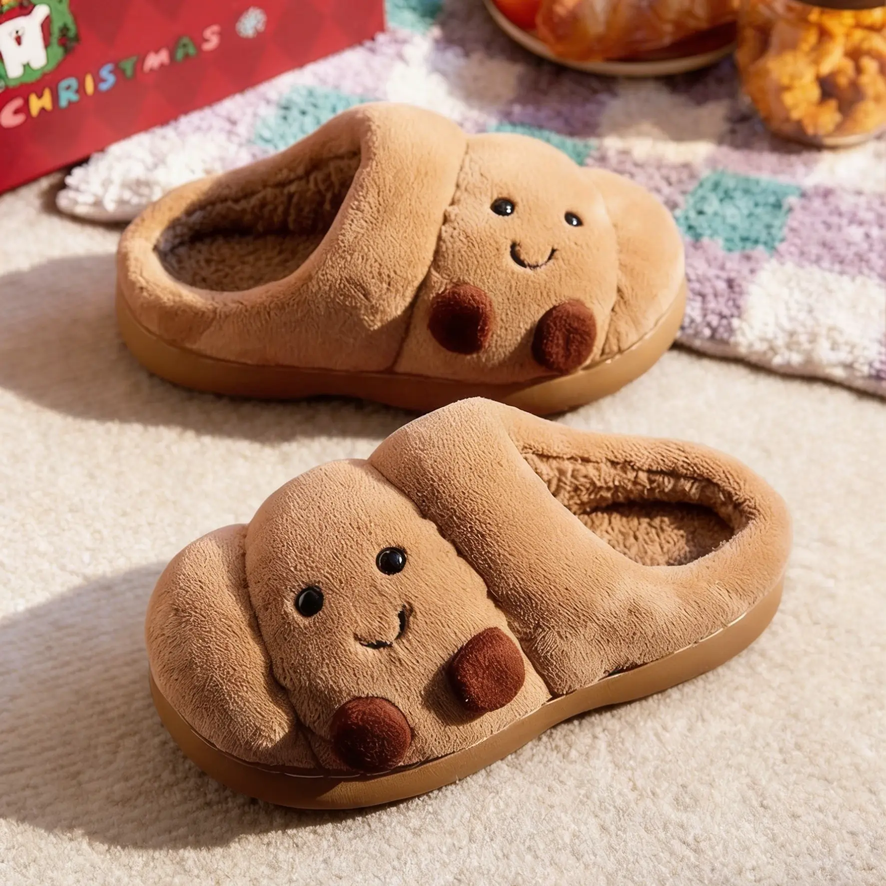 Soft Plush Croissant Cotton Slippers Indoor House Shoes Non-Slip Comfortable Soft Home Slides Slip-On Shoes Slip Resistant Shoes Indoor Outdoor Winter Home Footwear Flipflop Girl Tsinelas Parent Khaki Round Toe Kitchen