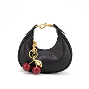 Embellishment Women's Handbag with Mini Crescent Design, Cherry Pendant and Zipper Closure, Embellishment Women's Handbags