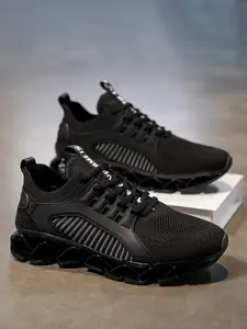 New Blade Sole Colorblock Flyknit Running Shoes, Men's Mesh Breathable Cushioned Training Shoes, Thick Sole Anti-Slip Durable Sports Shoes