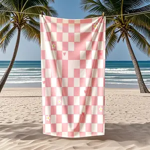 Quick Dry Sand Proof Microfiber Beach Towel, Oversized Pink Checkerboard with Heart Daisy Pattern for Beach Pool Travel Vacation, Lightweight Absorbent Essentials for Adults