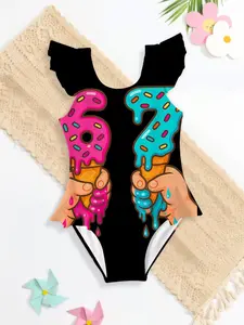 Summer Girls Casual Cool Cute Sleeveless Triangle One-Piece Swimsuit, Beach Vacation Holiday Birthday Gift, Random Print Outdoor Sportswear, Triangle Bathing Suit Kid