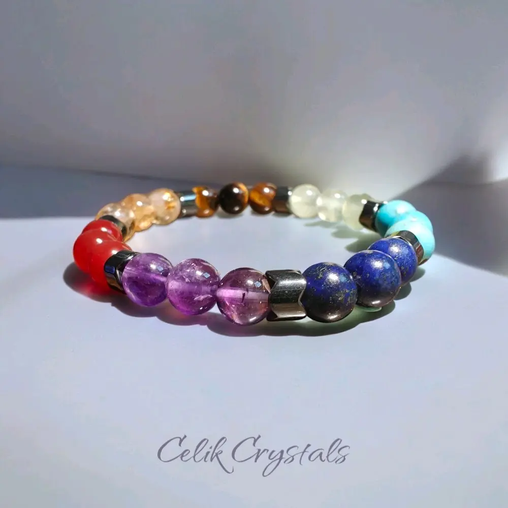 Celik Crystals 7 Chakra Healing Bracelet for Adults - 8mm Beads Stretch Unisex Natural Stones Bracelet with Citrine, Carnelian, Amethyst, Turquoise for Balance, 6.5 To 8.5 Inches, Exquisite Bracelet, High Quality Bracelet