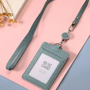 ID Badge Holder, PU Durable Leather Material ID Card Holder With Lanyard, Identification Badge Supplies for Office, School, Work