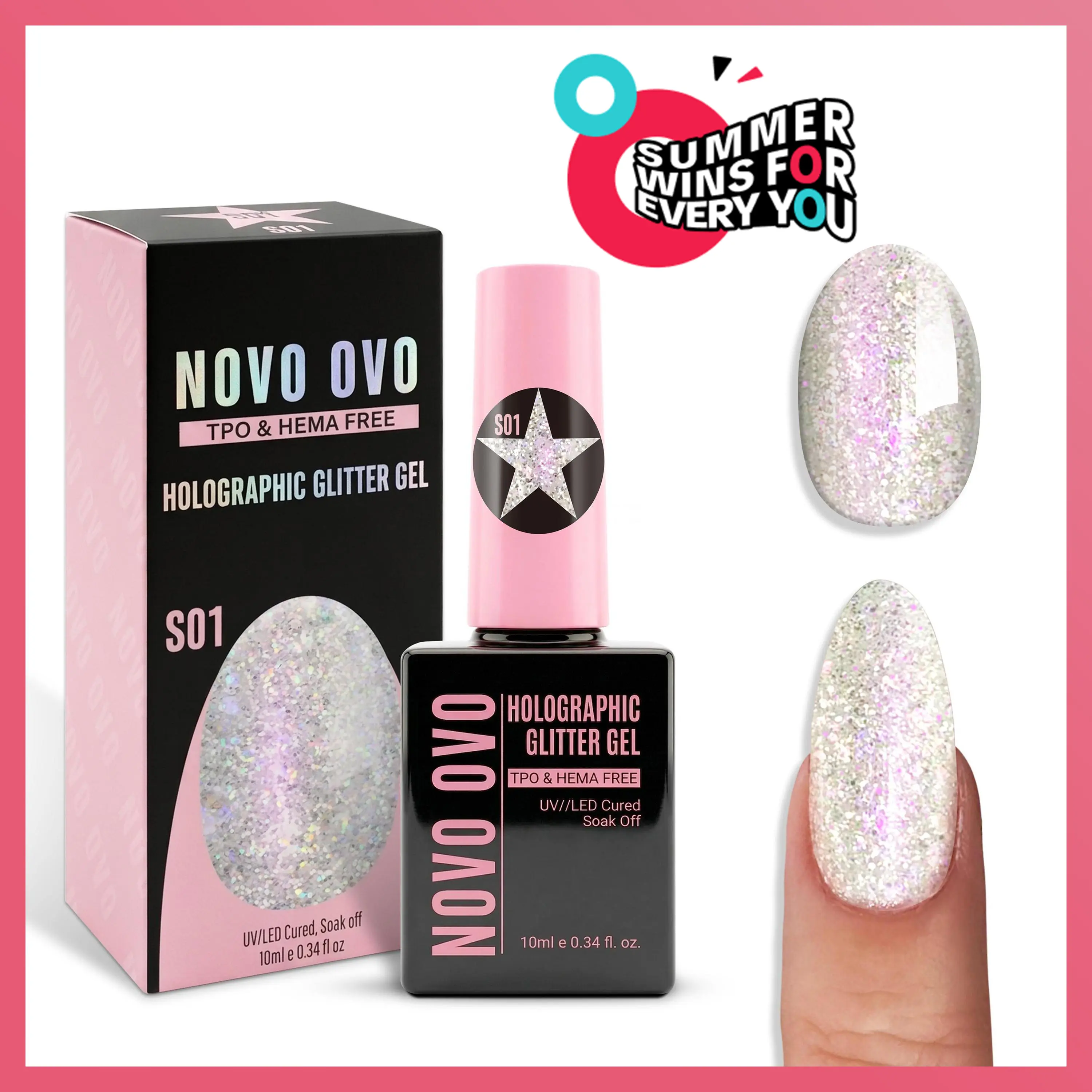 NOVO OVO Crushed Diamond Reflective Nail Polish, HEMA-Free Nail Care Formula for Sensitive Skin, Holographic Soak Off UV/LED Lacquer, 10ml, Gel Nail Polish