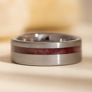 Silver Garnet Mens Ring, Brushed Silver Tungsten with Genuine Garnet Inlay - 8MM