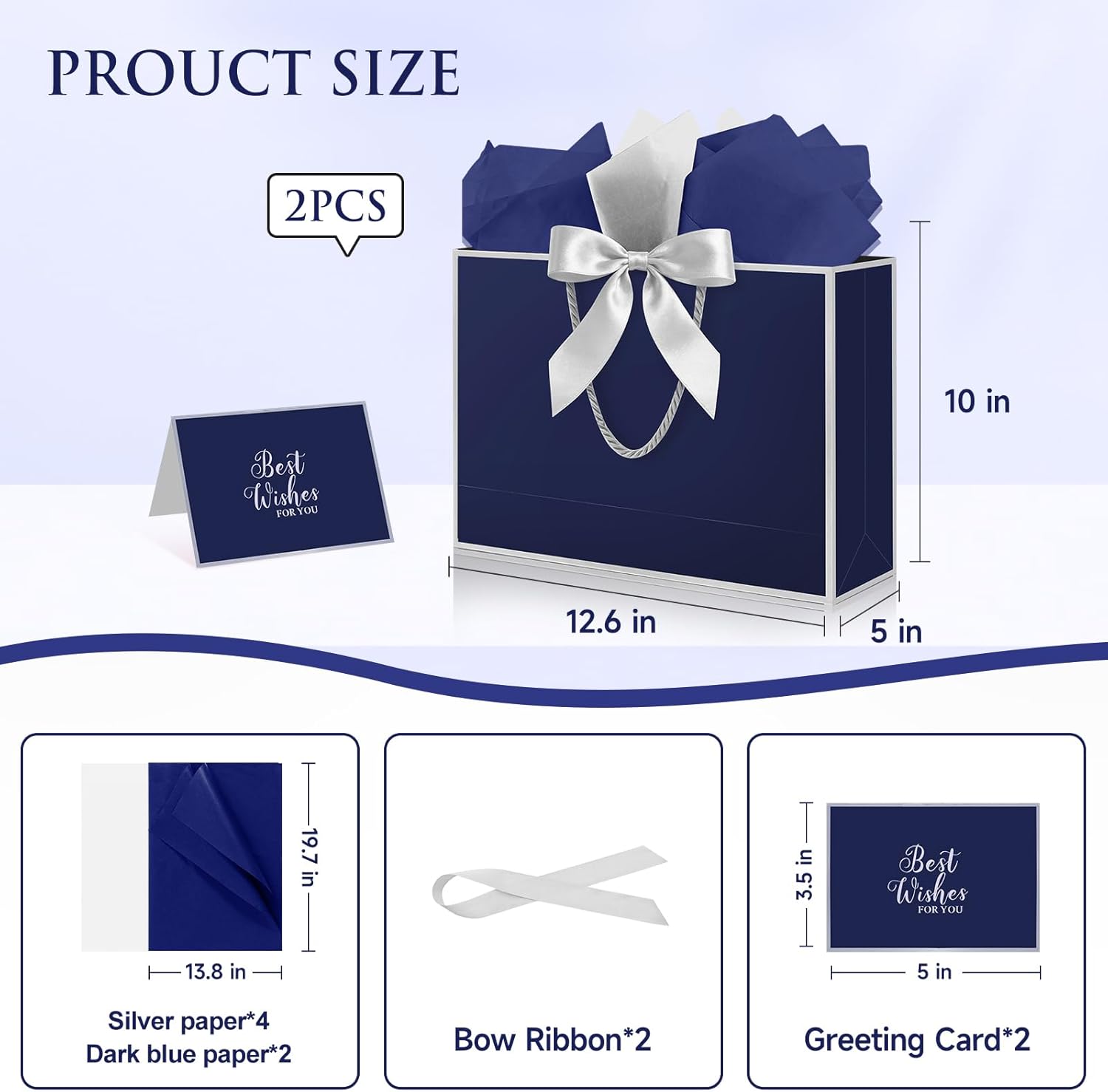 Fancy Large Gift Bags with Handles, 2 Pack 12.6x10x4 Inches - Includes Tissue Paper & Cards for Birthday, Valentine's Day, Baby Shower, Wedding, Anniversary & Holiday Gifts (Blue and Silver)